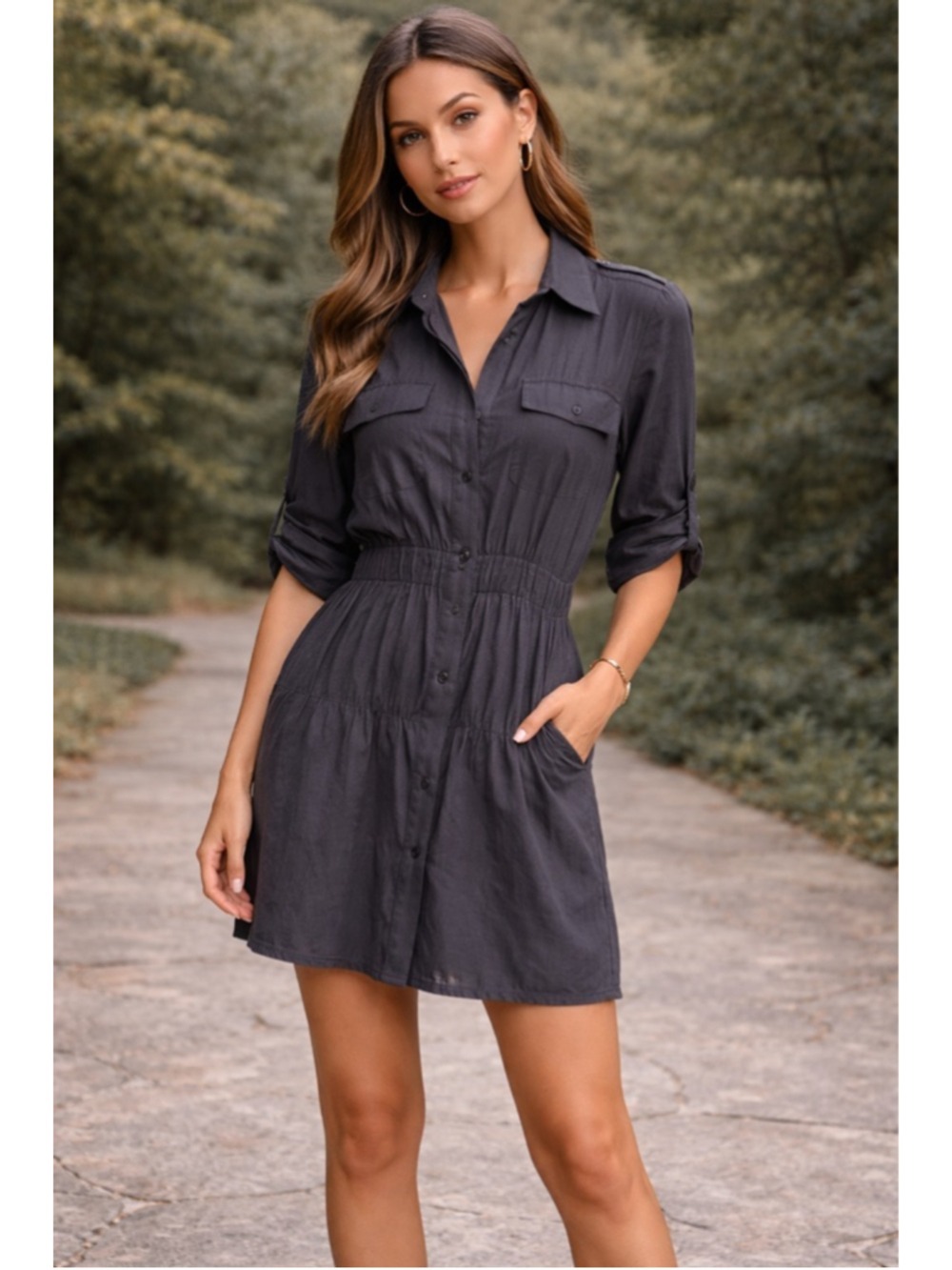 Women's Navy Button-Down Ruched Mini Dress Size 2